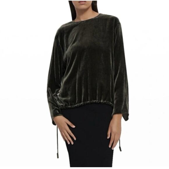 Theory Tops - Theory Drawstring Velvet Pullover Long Sleeve Top Hunter Green Small Holiday